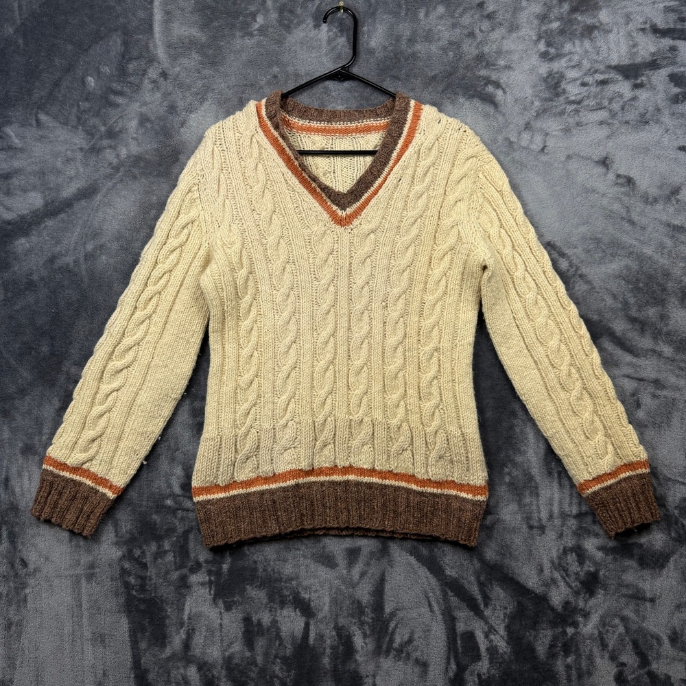 Cable Knit Sweater Unisex Medium Cream Brown Orange V-Neck Retro Wool